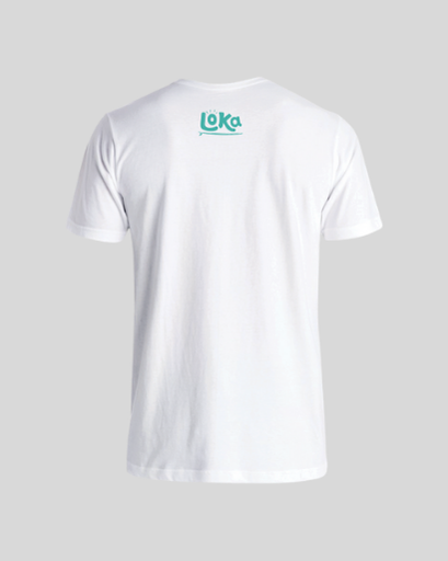 White t-shirt with a logo on the back