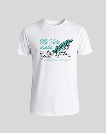 White t-shirt with graphic design and text on a gray background