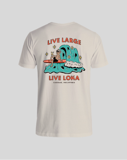 Beige t-shirt with a graphic design featuring text and a surfer on a wave.