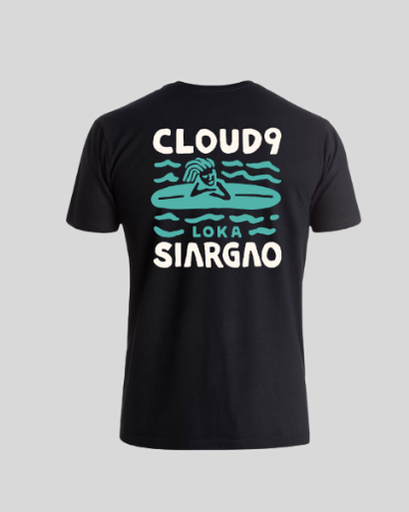 Black t-shirt with 'Cloud9 Loka Siargao' graphic design