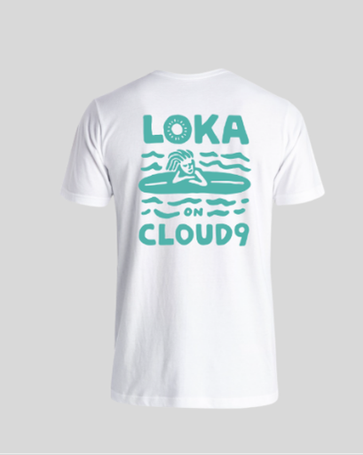 White t-shirt with teal graphic and text 