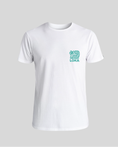 White t-shirt with a green logo 