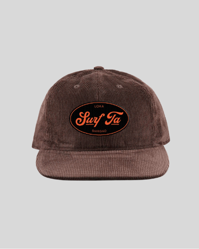Brown cap with 'Surf Ta' logo on a light gray background